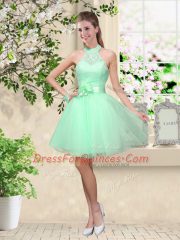 Fantastic Apple Green Lace Up Dama Dress Lace and Belt Sleeveless Knee Length
