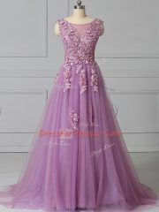 Lilac Scoop Neckline Appliques and Pattern Prom Evening Gown Sleeveless Lace Up