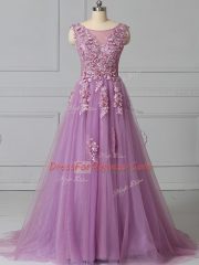 Lilac Scoop Neckline Appliques and Pattern Prom Evening Gown Sleeveless Lace Up