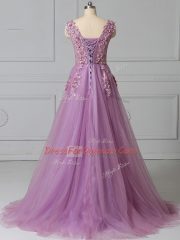 Lilac Scoop Neckline Appliques and Pattern Prom Evening Gown Sleeveless Lace Up