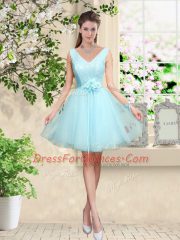 Knee Length Lace Up Quinceanera Dama Dress Aqua Blue for Prom and Party with Lace and Belt