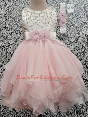 Beauteous Beading and Hand Made Flower Girls Pageant Dresses Baby Pink Backless Sleeveless Asymmetrical
