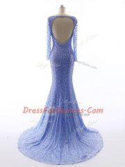 Popular Blue Mermaid Sequins Prom Gown Backless Tulle Long Sleeves