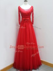 Clearance Long Sleeves Beading and Belt Backless Prom Party Dress with Red Brush Train