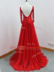 Clearance Long Sleeves Beading and Belt Backless Prom Party Dress with Red Brush Train