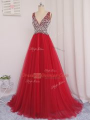 Gorgeous Tulle Sleeveless Homecoming Dress Brush Train and Beading