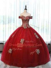 Sleeveless Floor Length Beading and Appliques Lace Up Sweet 16 Dresses with Wine Red