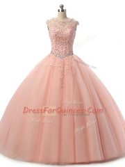 Cheap Scoop Sleeveless Sweet 16 Dresses Floor Length Beading and Lace Peach Tulle