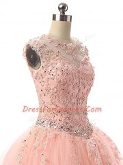 Cheap Scoop Sleeveless Sweet 16 Dresses Floor Length Beading and Lace Peach Tulle