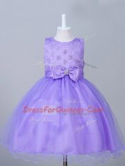 Eggplant Purple Tulle Zipper Kids Pageant Dress Sleeveless Knee Length Appliques and Bowknot