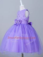 Eggplant Purple Tulle Zipper Kids Pageant Dress Sleeveless Knee Length Appliques and Bowknot