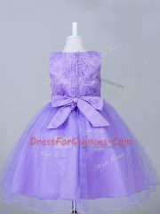 Eggplant Purple Tulle Zipper Kids Pageant Dress Sleeveless Knee Length Appliques and Bowknot