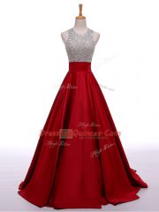 Wine Red A-line Beading Prom Dresses Backless Elastic Woven Satin Sleeveless