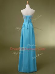 New Style Baby Blue Empire Chiffon Sweetheart Sleeveless Beading and Ruching Floor Length Lace Up Evening Dress