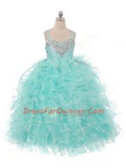 Sweet Sleeveless Organza Floor Length Lace Up Kids Pageant Dress in Aqua Blue with Beading and Ruffles