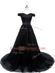 Stylish Off The Shoulder Sleeveless Brush Train Lace Up Evening Dress Black Tulle