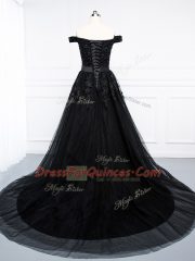 Stylish Off The Shoulder Sleeveless Brush Train Lace Up Evening Dress Black Tulle