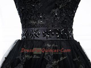 Stylish Off The Shoulder Sleeveless Brush Train Lace Up Evening Dress Black Tulle