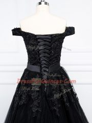 Stylish Off The Shoulder Sleeveless Brush Train Lace Up Evening Dress Black Tulle