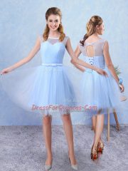 A-line Dama Dress for Quinceanera Blue Scoop Tulle Sleeveless Knee Length Lace Up
