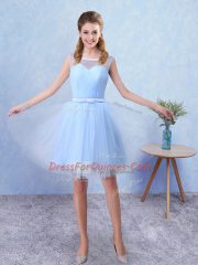 A-line Dama Dress for Quinceanera Blue Scoop Tulle Sleeveless Knee Length Lace Up