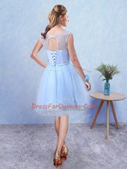 A-line Dama Dress for Quinceanera Blue Scoop Tulle Sleeveless Knee Length Lace Up