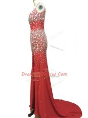 Deluxe Straps Sleeveless Prom Dress Brush Train Beading Burgundy Chiffon