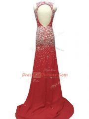 Deluxe Straps Sleeveless Prom Dress Brush Train Beading Burgundy Chiffon