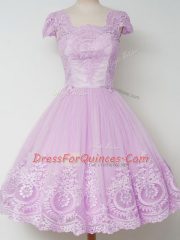 Knee Length Zipper Damas Dress Lilac for Prom and Party and Wedding Party with Lace