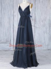 Amazing Floor Length Navy Blue Dama Dress for Quinceanera Spaghetti Straps Sleeveless Backless