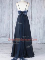 Amazing Floor Length Navy Blue Dama Dress for Quinceanera Spaghetti Straps Sleeveless Backless