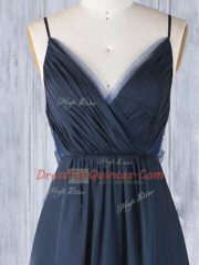 Amazing Floor Length Navy Blue Dama Dress for Quinceanera Spaghetti Straps Sleeveless Backless