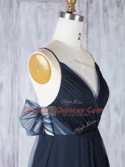 Amazing Floor Length Navy Blue Dama Dress for Quinceanera Spaghetti Straps Sleeveless Backless