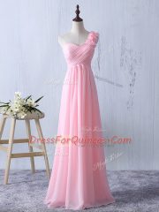 Baby Pink Zipper Dama Dress Ruffles and Ruching Sleeveless Floor Length