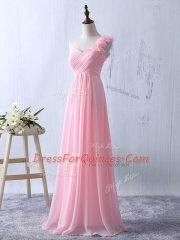 Baby Pink Zipper Dama Dress Ruffles and Ruching Sleeveless Floor Length