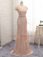 Fantastic Peach Sweetheart Neckline Beading and Belt Prom Dresses Cap Sleeves Zipper