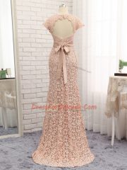Fantastic Peach Sweetheart Neckline Beading and Belt Prom Dresses Cap Sleeves Zipper
