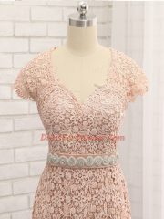 Fantastic Peach Sweetheart Neckline Beading and Belt Prom Dresses Cap Sleeves Zipper