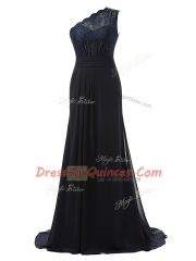 Modest Black Column/Sheath One Shoulder Sleeveless Chiffon Brush Train Side Zipper Lace Quinceanera Court Dresses