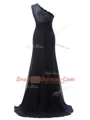 Modest Black Column/Sheath One Shoulder Sleeveless Chiffon Brush Train Side Zipper Lace Quinceanera Court Dresses