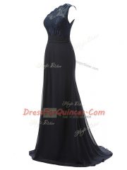 Modest Black Column/Sheath One Shoulder Sleeveless Chiffon Brush Train Side Zipper Lace Quinceanera Court Dresses
