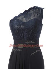 Modest Black Column/Sheath One Shoulder Sleeveless Chiffon Brush Train Side Zipper Lace Quinceanera Court Dresses