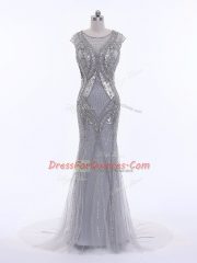 Excellent Grey Cap Sleeves Tulle Brush Train Zipper Dress for Prom for Prom and Military Ball and Beach