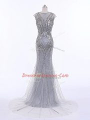 Excellent Grey Cap Sleeves Tulle Brush Train Zipper Dress for Prom for Prom and Military Ball and Beach