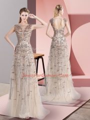 Sleeveless Beading Zipper Evening Dress with Champagne Brush Train