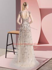 Sleeveless Beading Zipper Evening Dress with Champagne Brush Train