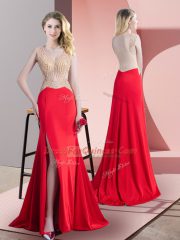 Admirable Red Scoop Neckline Beading Prom Dresses Sleeveless Zipper