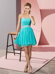 Fashion Aqua Blue Empire Beading Homecoming Dress Lace Up Chiffon Sleeveless Mini Length