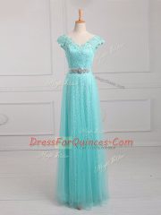 Custom Made Aqua Blue Cap Sleeves Beading and Appliques Floor Length Prom Party Dress