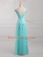 Custom Made Aqua Blue Cap Sleeves Beading and Appliques Floor Length Prom Party Dress